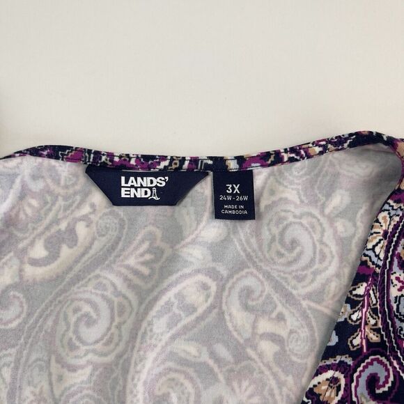 Lands End Faux Wrap Paisley Stretch Dress 3X Purple Plus Size V Neck Classic - Picture 4 of 12